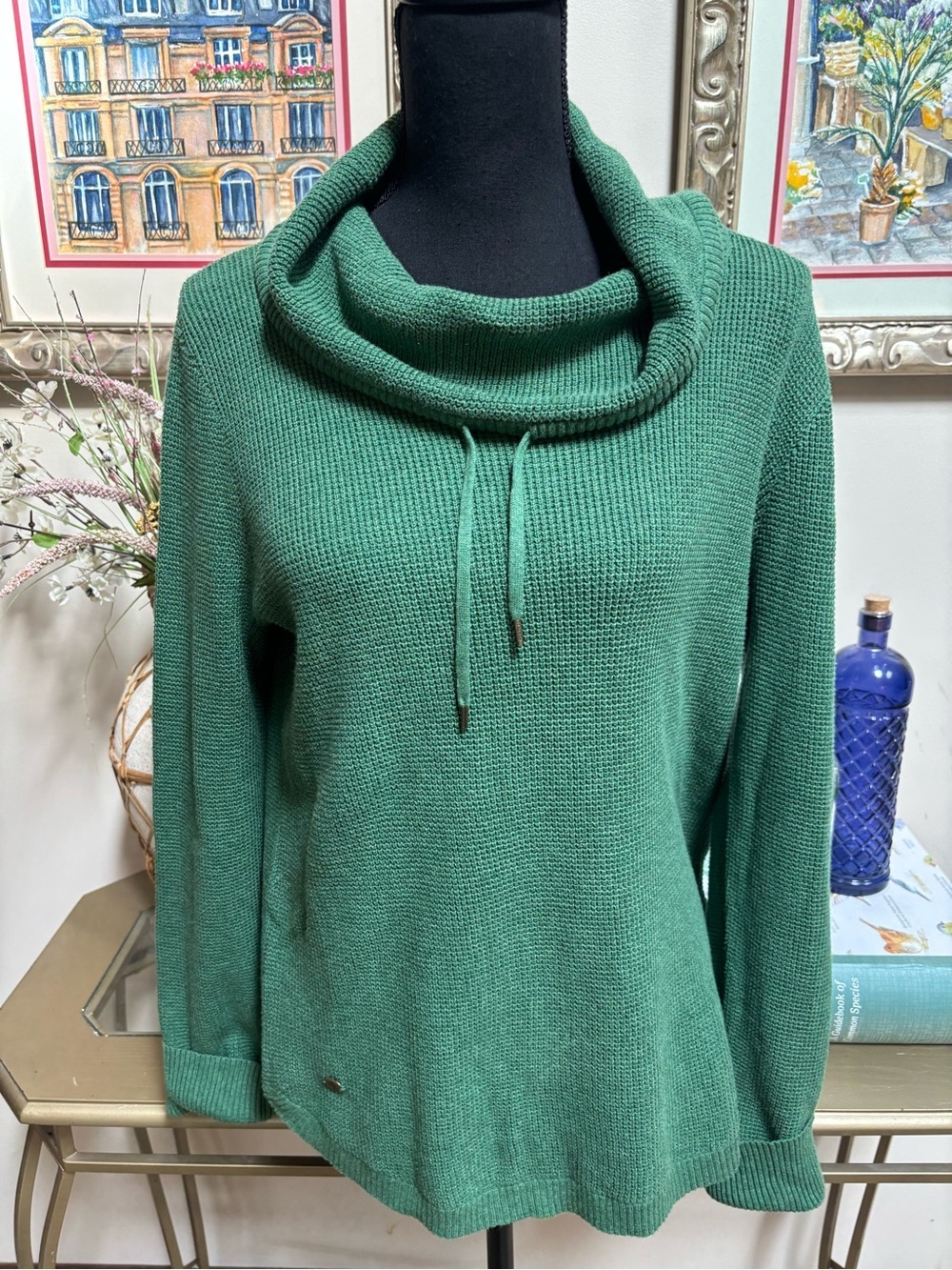 Lauren Ralph Lauren Green Cowl Neck Drawstring Cotton Waffle Knit Sweater Sz L
